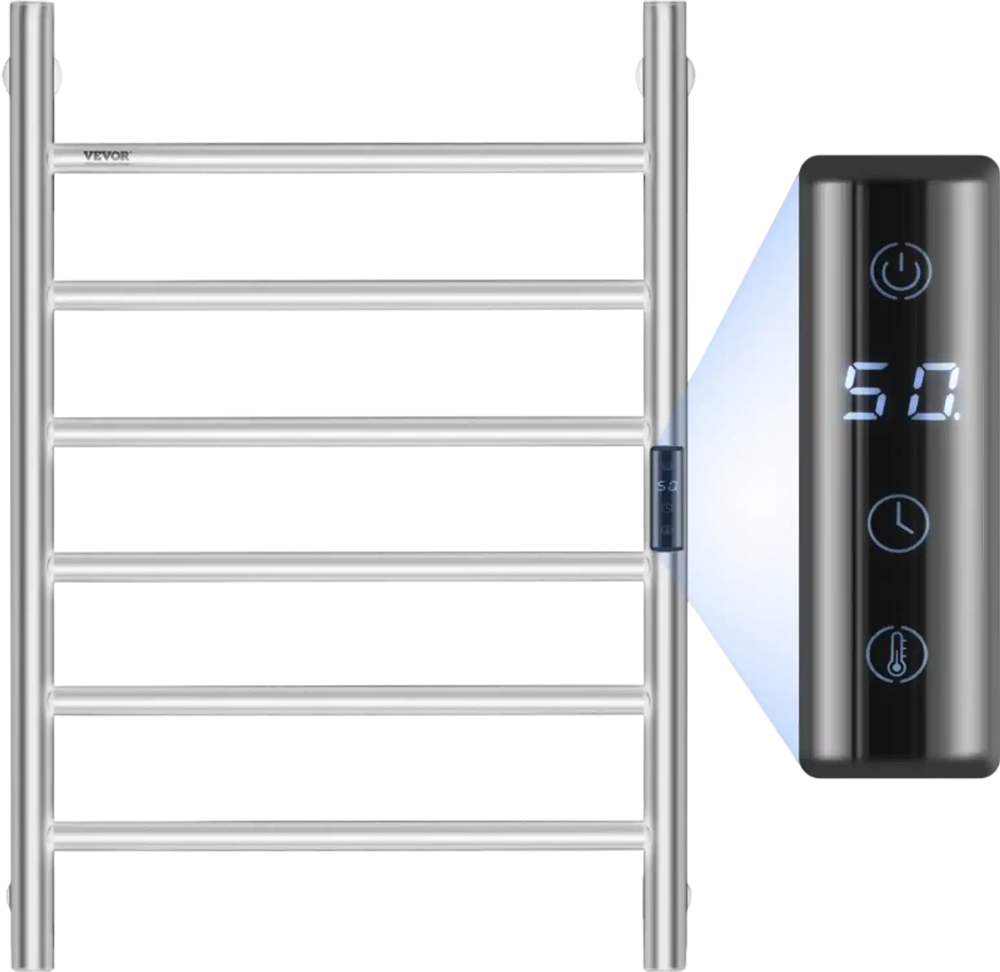 VEVOR 6 Bars Towel Warmer Rack, Wall Mounted Heated Towel Rack for Bathroom, IPX5 Waterpoof Towel Heater Rack with Timer & LED Display Screen, 5 Levels Adjustable Temperature Towel Heater, Silver