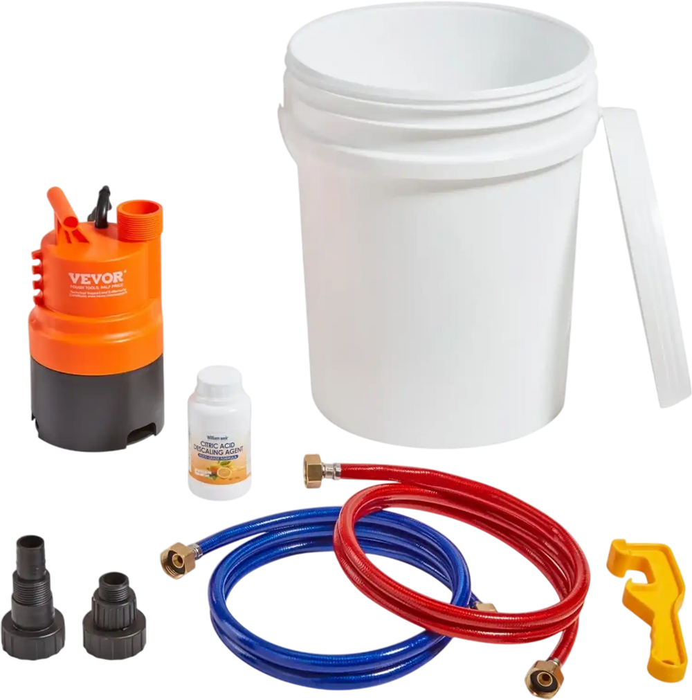 VEVOR Tankless Water Heater Flushing Kit, Includes Efficient Pump & 5 Gallon Pail & 2 Hoses & Descaling Powder, Wrench and Adapter for Quick Install Easy to Start, Water Heater Flush Kit