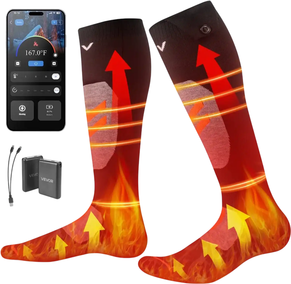 VEVOR Heated Socks, Medium Size, 5000mAh Battery Rechargeable Heating Socks with 4 Heating Levels, Electric Heated Sock with APP Control for Men Women, Foot Warmer for Hunting Riding Camping Hiking