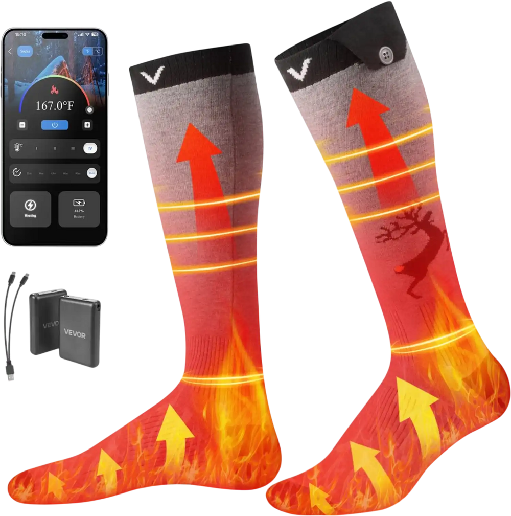 VEVOR Heated Socks, 6000mAh Battery Powered, Rechargeable Heating Socks with 4 Heating Levels, Electric Heated Sock with APP Control for Men Women, Foot Warmer for Hunting Riding Camping Hiking