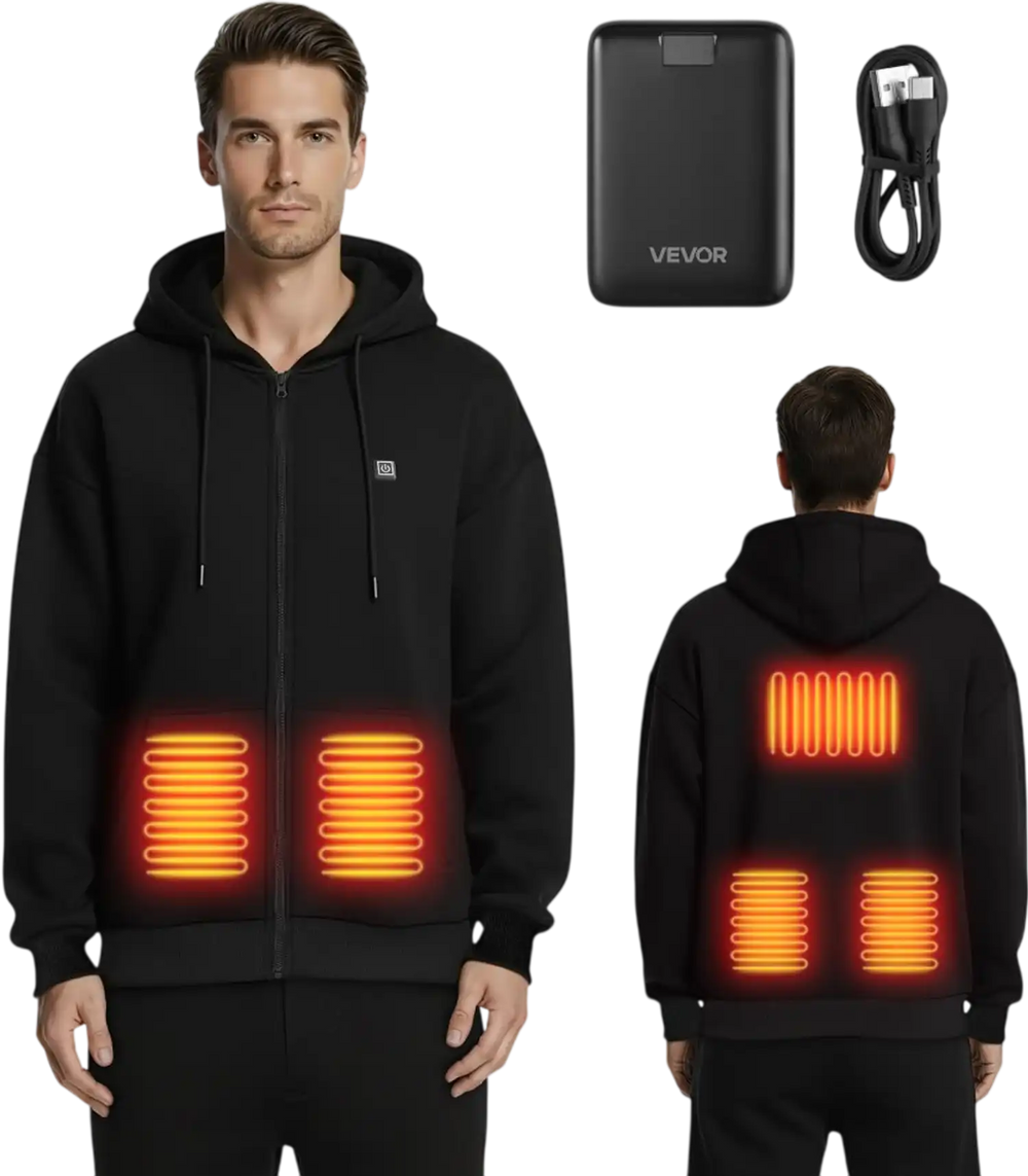 VEVOR Heated Jacket Hoodie for Men Women, Heated Sweatshirt Unisex Full-Zip with 7.4V 16000mAh Power Bank Pack, 5 Heating Zones, 3 Temp Levels, 4-8H Warmth, for Winter Outdoor Camping, Black, M Size