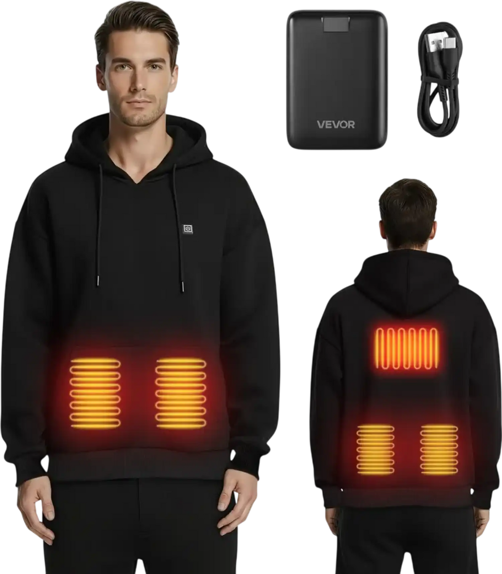 VEVOR Heated Sweatshirt Hoodie for Men Women, Heated Jacket Unisex with 7.4V 16000mAh Rechargeable Power Bank Pack, 5 Heating Zones, 3 Temp Levels, 4-8H Warmth, for Winter Outdoor Camping, Black, M Size