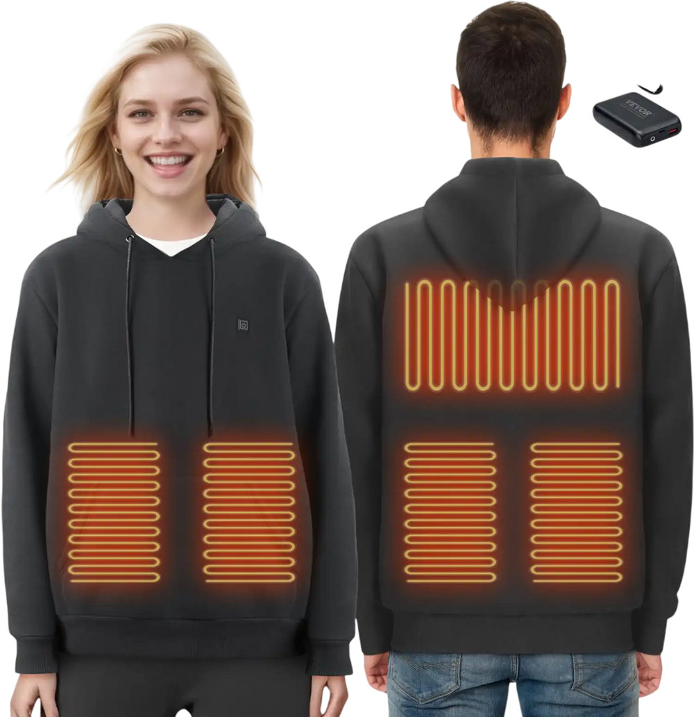 VEVOR Heated Hoodie, Unisex Heated Sweatshirt with Battery Pack 7.4V, Electric Jacket with 5 Heating Zones for Men & Women, Lightweight Warm Heated Outdoor Pullover for Fishing Camping, M Size Black