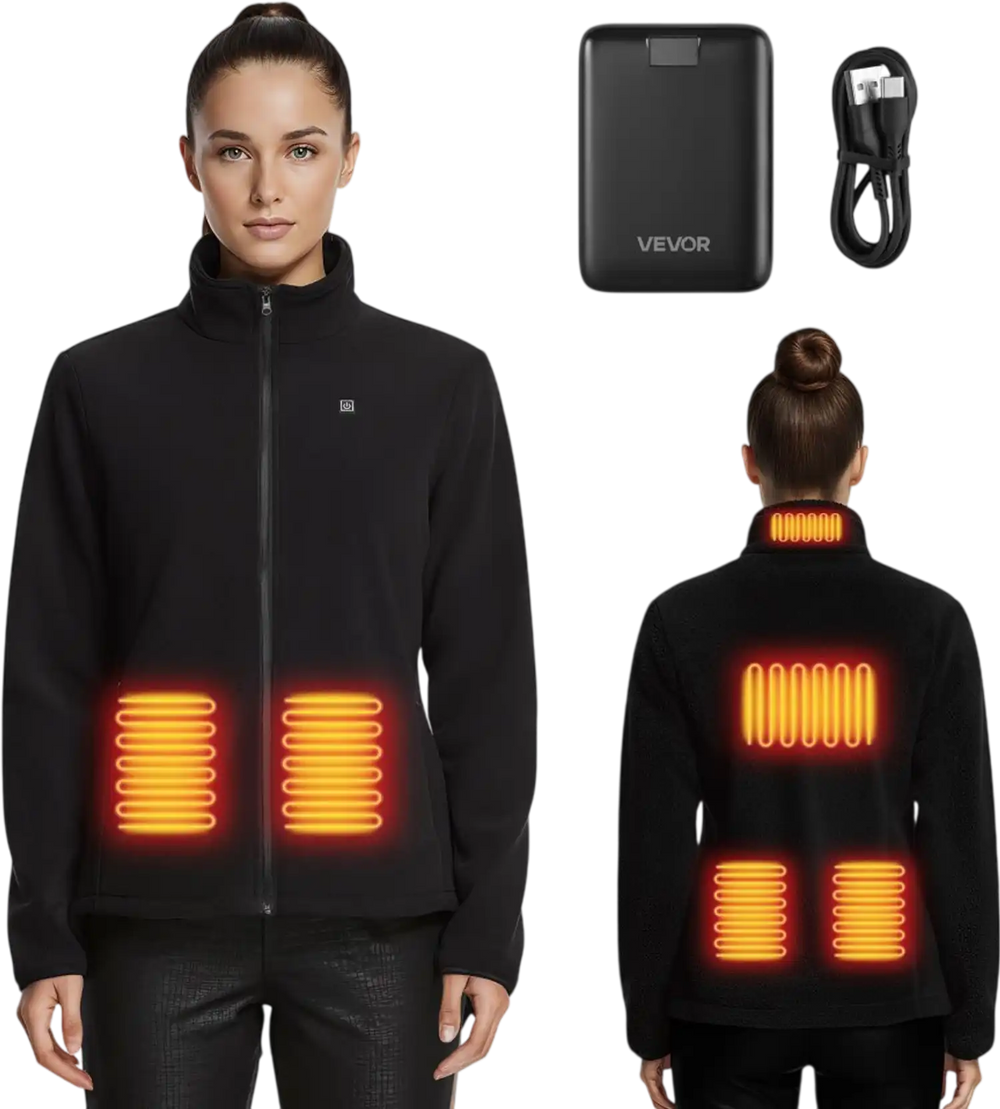 VEVOR Heated Fleece Jacket for Women, Heated Sweatshirt with 7.4V 16000mAh Rechargeable Power Bank Pack, 6 Heating Zones, 3 Temp Levels, 3h/6h/10h Warmth, for Winter Outdoor Camping, Black, S Size