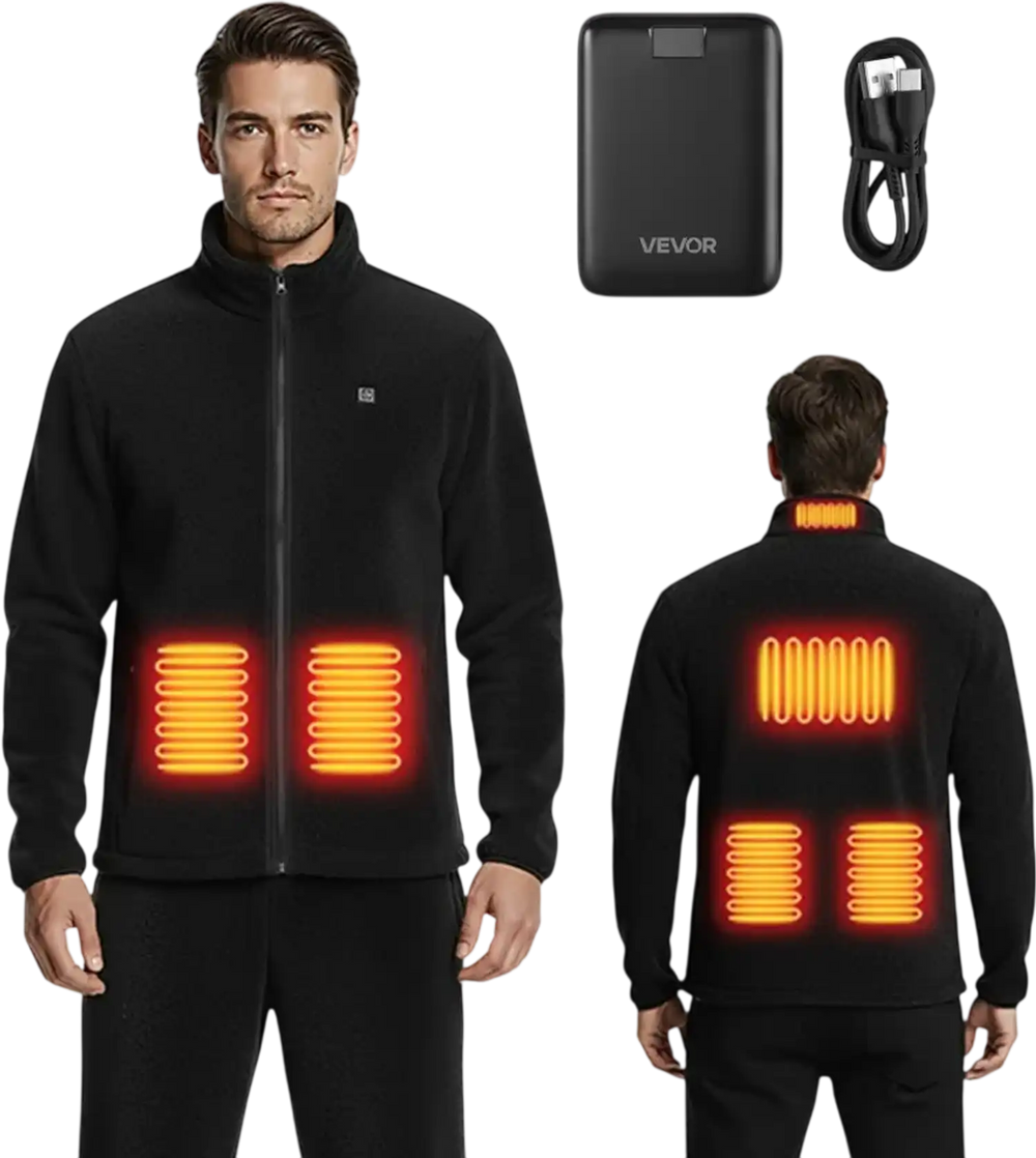 VEVOR Heated Fleece Jacket for Men, Heated Sweatshirt with 7.4V 16000mAh Rechargeable Power Bank Pack, 6 Heating Zones, 3 Temp Levels, 3h/6h/10h Warmth, for Winter Outdoor Camping, Black, XXL Size