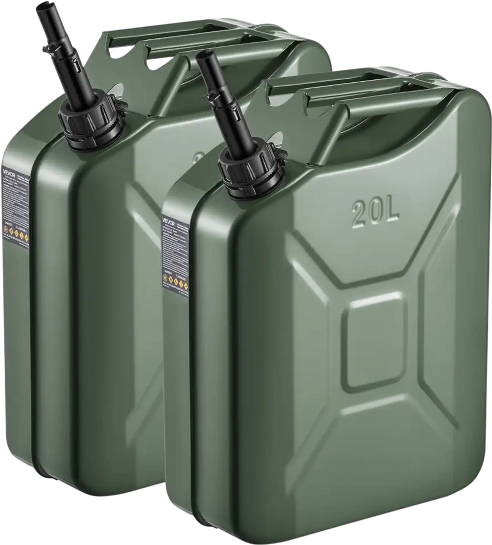 Newly Upgraded Oil-Tight！VEVOR Metal Fuel Container, 5.3 Gallon, Fuel Jerry Can with Spout and Comfort Handle, 6 L/min Max Flow Rate, Leakproof & Corrosion-resistant Metal Gas Tank Most Cars Motorcycle ATV UTV, Green, 2 Packs