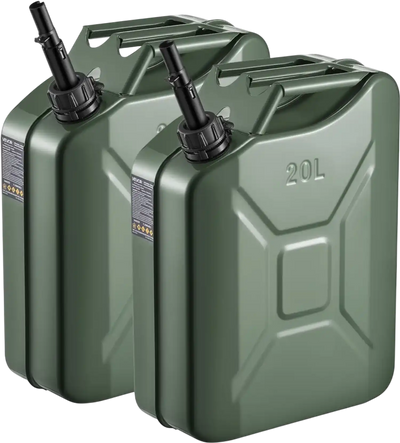 Newly Upgraded Oil-Tight！VEVOR Metal Fuel Container, 5.3 Gallon, Fuel Jerry Can with Spout and Comfort Handle, 6 L/min Max Flow Rate, Leakproof & Corrosion-resistant Metal Gas Tank Most Cars Motorcycle ATV UTV, Green, 2 Packs