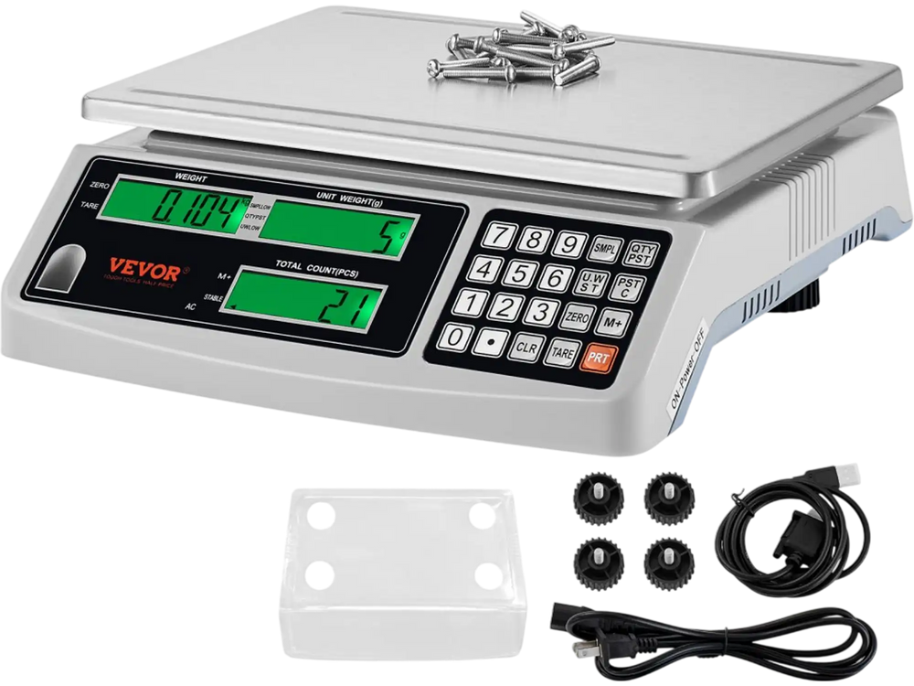 VEVOR Industrial Counting Scale, 30 kg x 1 g, Digital Scale for Parts and Coins, g/kg/lb Units, Electronic Gram Scale Inventory Counting Scale Kitchen Jewelry Scale with RS232 Port and 3 LCD Screens