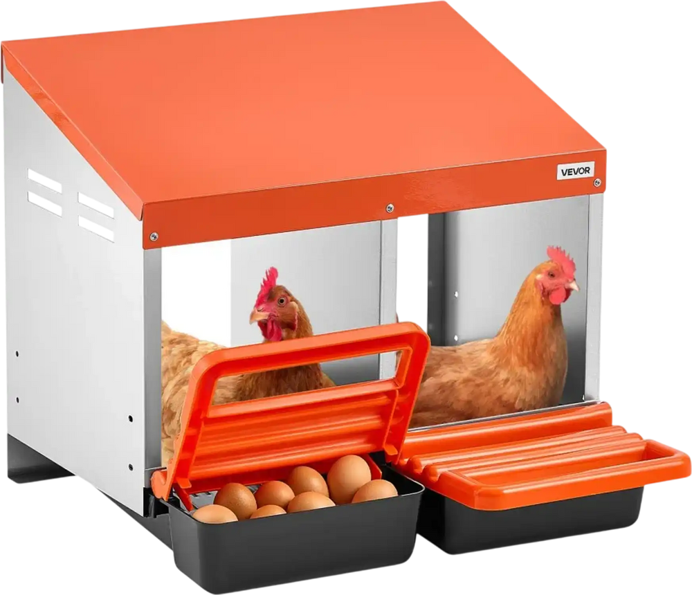 VEVOR Chicken Nesting Boxes, 2 Compartments, Easy Egg Collection, Wall Mount, Easy to Assemble, Galvanized Steel and High-Strength Plastic, Roll Away Nesting Boxes for Chickens Laying Eggs, Orange