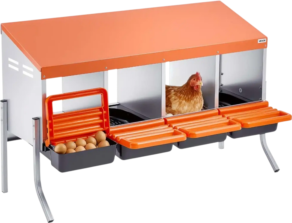 VEVOR Chicken Nesting Boxes, 4 Compartments, with Support Legs, Easy Egg Collection, Galvanized Steel and High-Strength Plastic, Roll Away Nesting Boxes for Chickens and Hens Laying Eggs, Orange