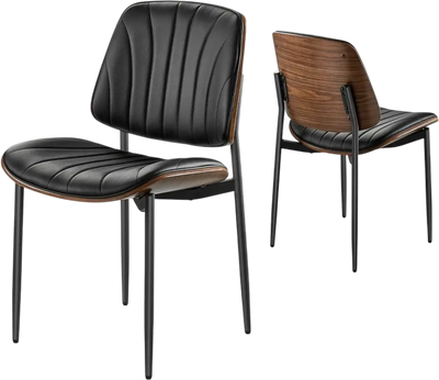 VEVOR Modern Dining Room Accent Chairs Set of 2, Upholstered Leather Side Chair for Dining Tables, Space-Saving Kitchen Table Chair with Thick Cushions and Metal Legs, Black