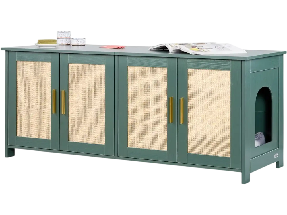 VEVOR Cat Litter Box Enclosure for Multi Cats, 47.2 in Hidden Litter Box Cabinet with 4 Rattan Doors & 2 Entries, Indoor Cat Washroom, Wooden Kitty House Furniture, Fit Most Litterboxes, Green