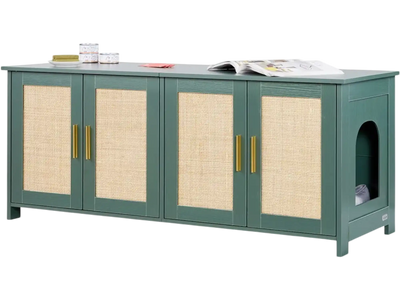 VEVOR Cat Litter Box Enclosure for Multi Cats, 47.2 in Hidden Litter Box Cabinet with 4 Rattan Doors & 2 Entries, Indoor Cat Washroom, Wooden Kitty House Furniture, Fit Most Litterboxes, Green