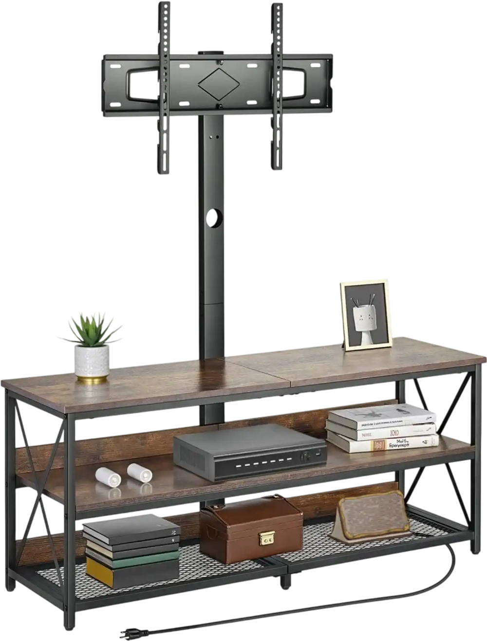 VEVOR 48" TV Stand with Mount for up to 75 in TVs, Entertainment Center with Power Outlet, Height Adjustable TV Console with Mount with 3 Tiers Open Storage Cabinets for Bedroom, Living Room, Browm