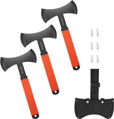 VEVOR Throwing Axes and Tomahawks, 3 Pack 11.9 inch Double Bit Axe Throwing Hatchet Set, Stainless Steel Head with Non-Slip TPR Rubber Handle, with Black Nylon Sheath, for Recreation and Competition