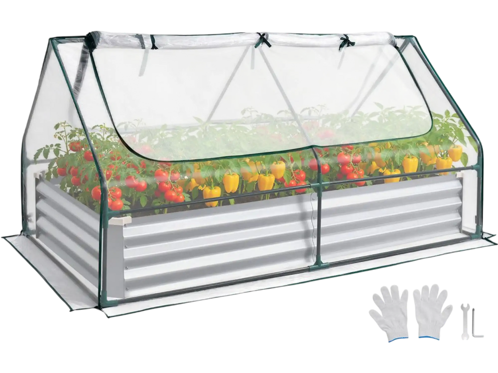 VEVOR Raised Garden Bed with Cover, 6 x 3 x 1 ft, Rectangular Galvanized Metal Planter Box Kit Outdoor, with PE Greenhouse Cover & Gloves, Rustproof Alu-Zinc, for Growing Flowers Vegetables, Silver