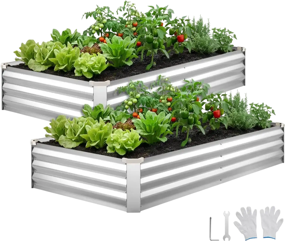 VEVOR 2 Pack Galvanized Raised Garden Beds, 6 x 3 x 1 ft, Rectangular Metal Planter Boxes Kit Outdoor, Bottomless Elevated Planting Box with Gloves, Alu-Zinc, for Growing Flowers Vegetables, Silver