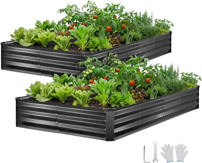 VEVOR 2 Pack Galvanized Raised Garden Beds, 8 x 4 x 1 ft, Rectangular Metal Planter Boxes Kit Outdoor, Bottomless Elevated Planting Box with Gloves, Alu-Zinc, for Growing Flowers Vegetables, Dark Gray