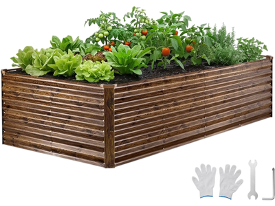 VEVOR Galvanized Raised Garden Bed, 8 x 4 x 2 ft, Rectangular Metal Planter Box Kit Outdoor, Bottomless Elevated Planting Box with Gloves, Alu-Zinc, for Growing Flowers Vegetables, Deep Wood Grain