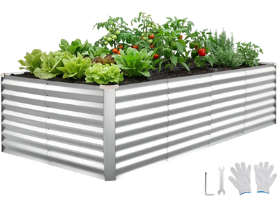 VEVOR Galvanized Raised Garden Bed, 8 x 4 x 2 ft, Rectangular Metal Planter Box Kit Outdoor, Bottomless Elevated Planting Box with Gloves, Rustproof Alu-Zinc, for Growing Flowers Vegetables, Silver