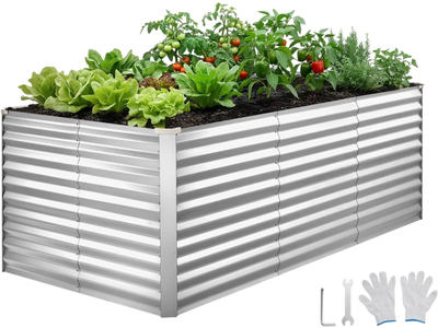 VEVOR Galvanized Raised Garden Bed, 8 x 4 x 3 ft, Rectangular Metal Planter Box Kit Outdoor, Bottomless Elevated Planting Box with Gloves, Rustproof Alu-Zinc, for Growing Flowers Vegetables, Silver
