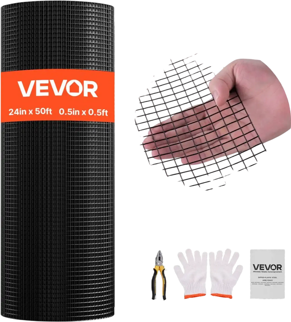 VEVOR Hardware Cloth 24 in x 50 ft, 1/2 in 19 Gauge Galvanized Wire Mesh Roll, Weather-Resistant Vinyl Coated Chicken Wire Fencing, Heavy Duty Welded Garden Plant Fencing for Rabbit Cage Snake Fence