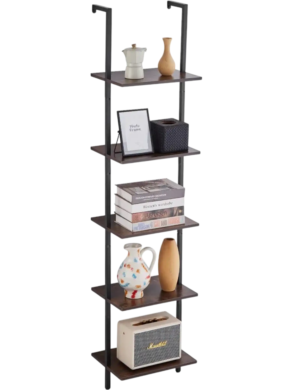 VEVOR Ladder Shelf, 5-Tier Bookshelf 15.6x11.8in, Open Wall-Mounted Ladder Shelf with Metal Frame,Storage Rack Sundries Holder for Kitchen Bedroom Bathroom Living Room, Black