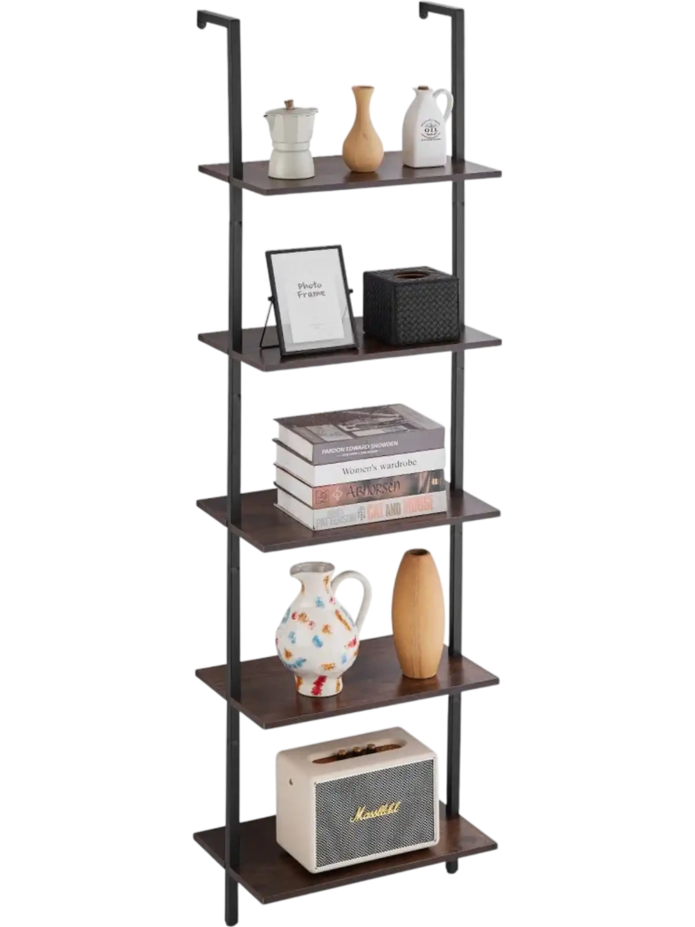 VEVOR Ladder Shelf, 5-Tier Bookshelf 17.3x11.8in, Open Wall-Mounted Ladder Shelf with Metal Frame,Storage Rack Sundries Holder for Kitchen Bedroom Bathroom Living Room, Black