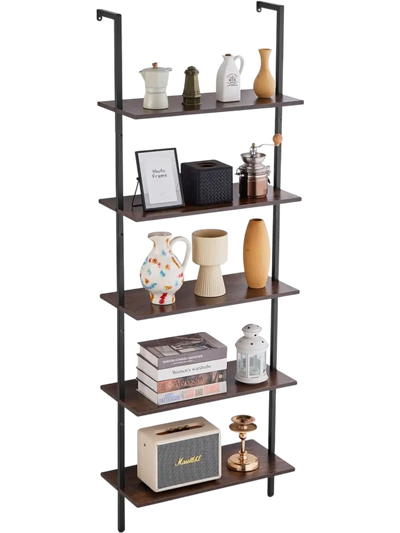 VEVOR Ladder Shelf, 5-Tier Bookshelf 24x11.8in, Open Wall-Mounted Ladder Shelf with Metal Frame,Storage Rack Sundries Holder for Kitchen Bedroom Bathroom Living Room, Black