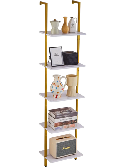 VEVOR Ladder Shelf, 5-Tier Bookshelf 15.6x11.8in, Open Wall-Mounted Ladder Shelf with Metal Frame,Storage Rack Sundries Holder for Kitchen Bedroom Bathroom Living Room, Gold White