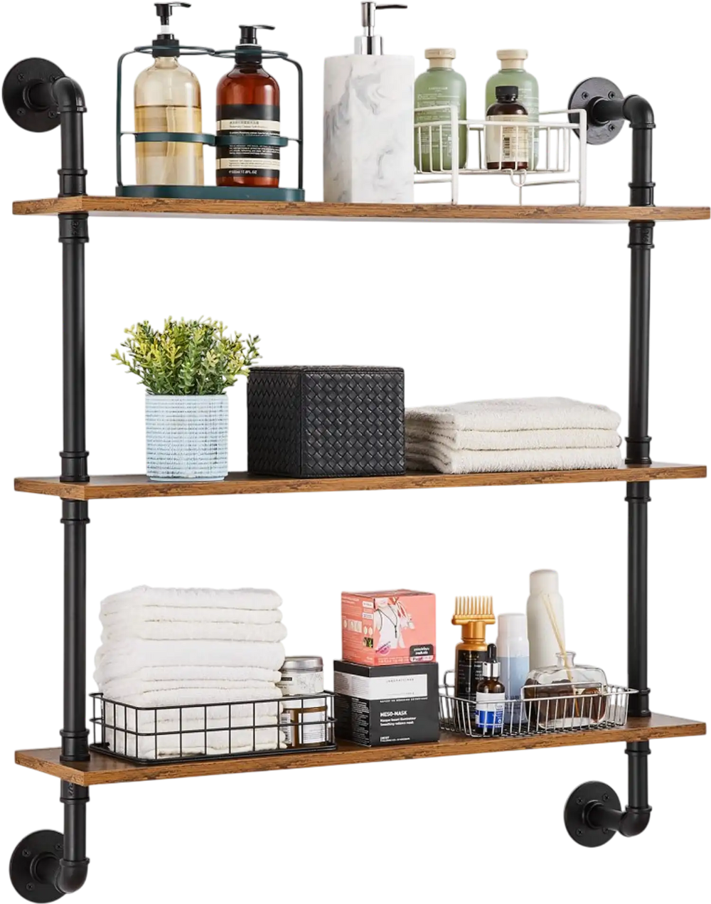 VEVOR Industrial Pipe Shelf, 3 Tier 32x7.87in, Wall-Mount Floating Rustic Wood Shelves Bracket Display Bookshelf, Storage Rack Sundries Holder for Kitchen Bedroom Bathroom Living Room, Black