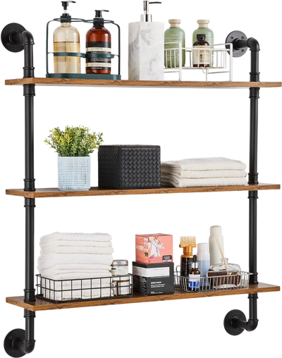 Vevor Pipe Shelf Industrial 3-Tier Wall-Mount Rustic Wood 32 x 7.87