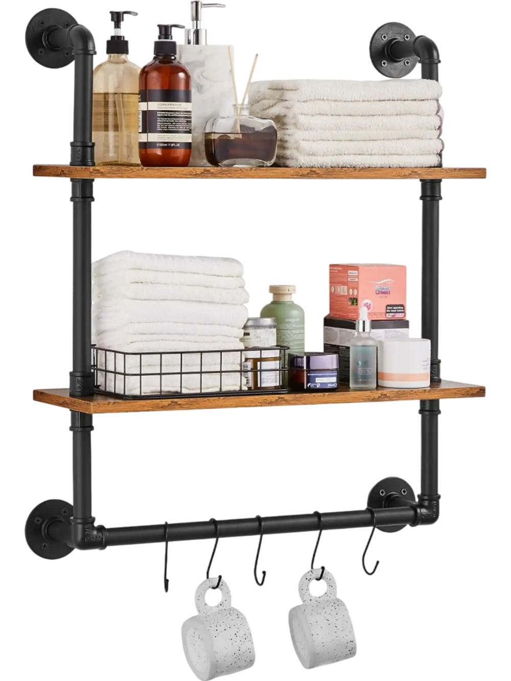 VEVOR Industrial Pipe Shelf, 2 Tier 24x7.87in, Wall-Mount Floating Rustic Wood Shelves Bracket Display Bookshelf, Storage Rack Sundries Holder for Kitchen Bedroom Bathroom Living Room, Black