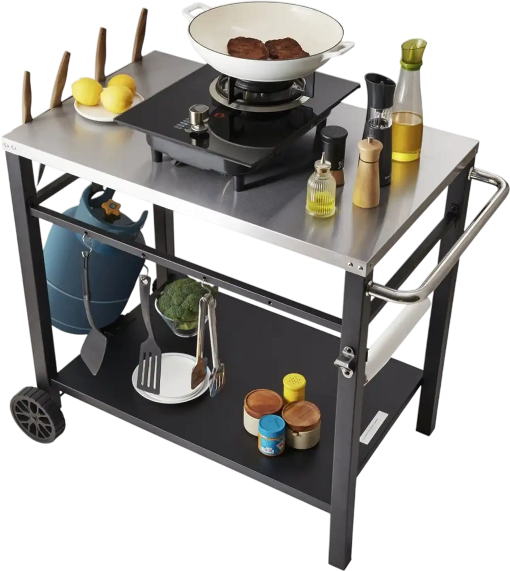 VEVOR Outdoor Grill Dining Cart with Double-Shelf, BBQ Movable Food Prep Table, Multifunctional Stainless Steel Table Top, Portable Modular Carts for Pizza Oven, Worktable with 2 Wheels, Carry Handle