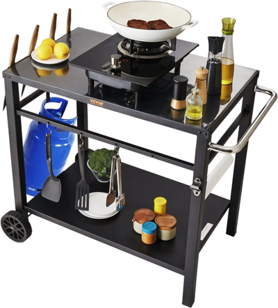 VEVOR Outdoor Grill Dining Cart with Double-Shelf, BBQ Movable Food Prep Table, Multifunctional Iron Table Top, Portable Modular Carts for Pizza Oven, Worktable with 2 Wheels, Carry Handle, Black