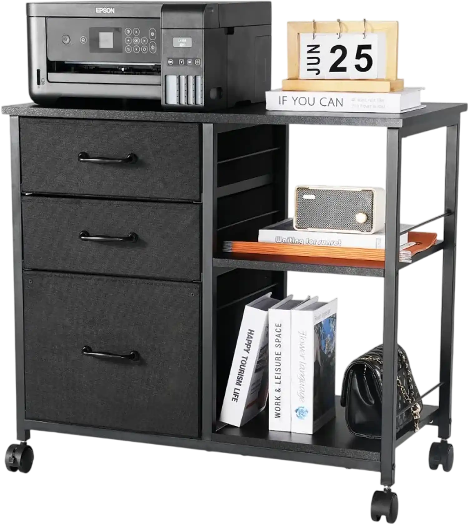 Vevor File Cabinet Mobile Metal Filing Cabinet with 3 Fabric Drawers and 2 Open Shelves Black New