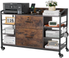 VEVOR 2 Drawers Metal File Cabinet, Lateral Filing Cabinet with Lock and 6 Open Shelves, Wooden Wide Filing Storage Cabinets with Power Strip for Letter, A4, Legal Size File, Easy Assembly, Brown