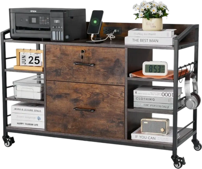 Vevor File Cabinet 2-Drawer Lateral Filing Cabinet with Lock and 6 Open Shelves Brown New