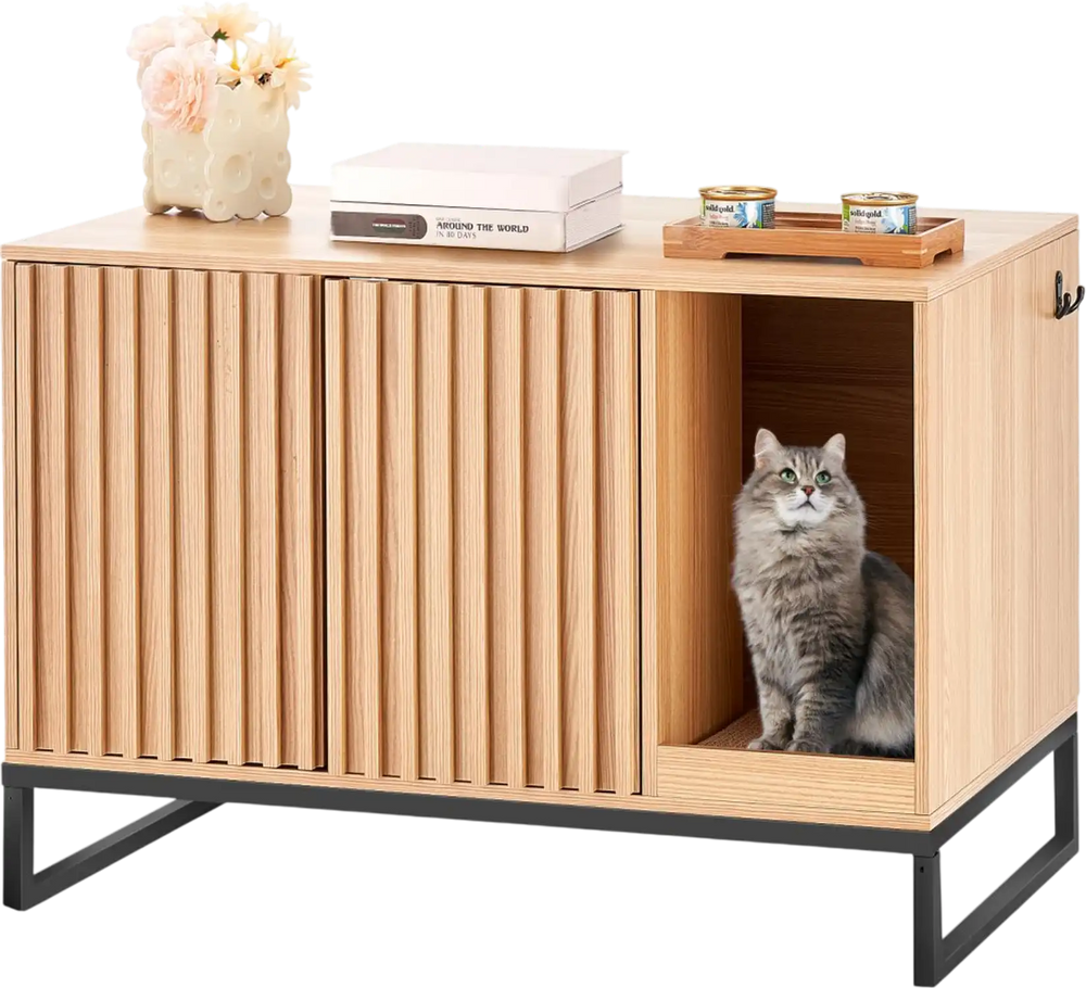 VEVOR Cat Litter Box Enclosure, Hidden Litter Box Furniture, Wooden Cat Washroom Indoor with 2 Doors & Study Metal Legs, Cat House Cabinet Hidden Fit Most of Litter Box, 31.5"L x 20"W x 22"H, Natural