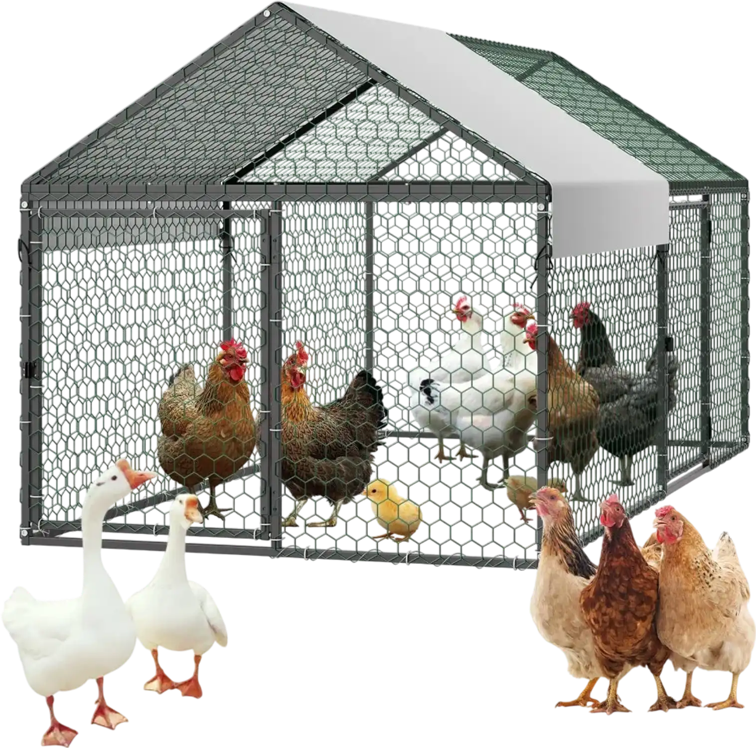 Vevor Chicken Coop Metal Spire Roof Poultry Run for 4-6 Chickens 3.3 x 6.6 x 3.3' New