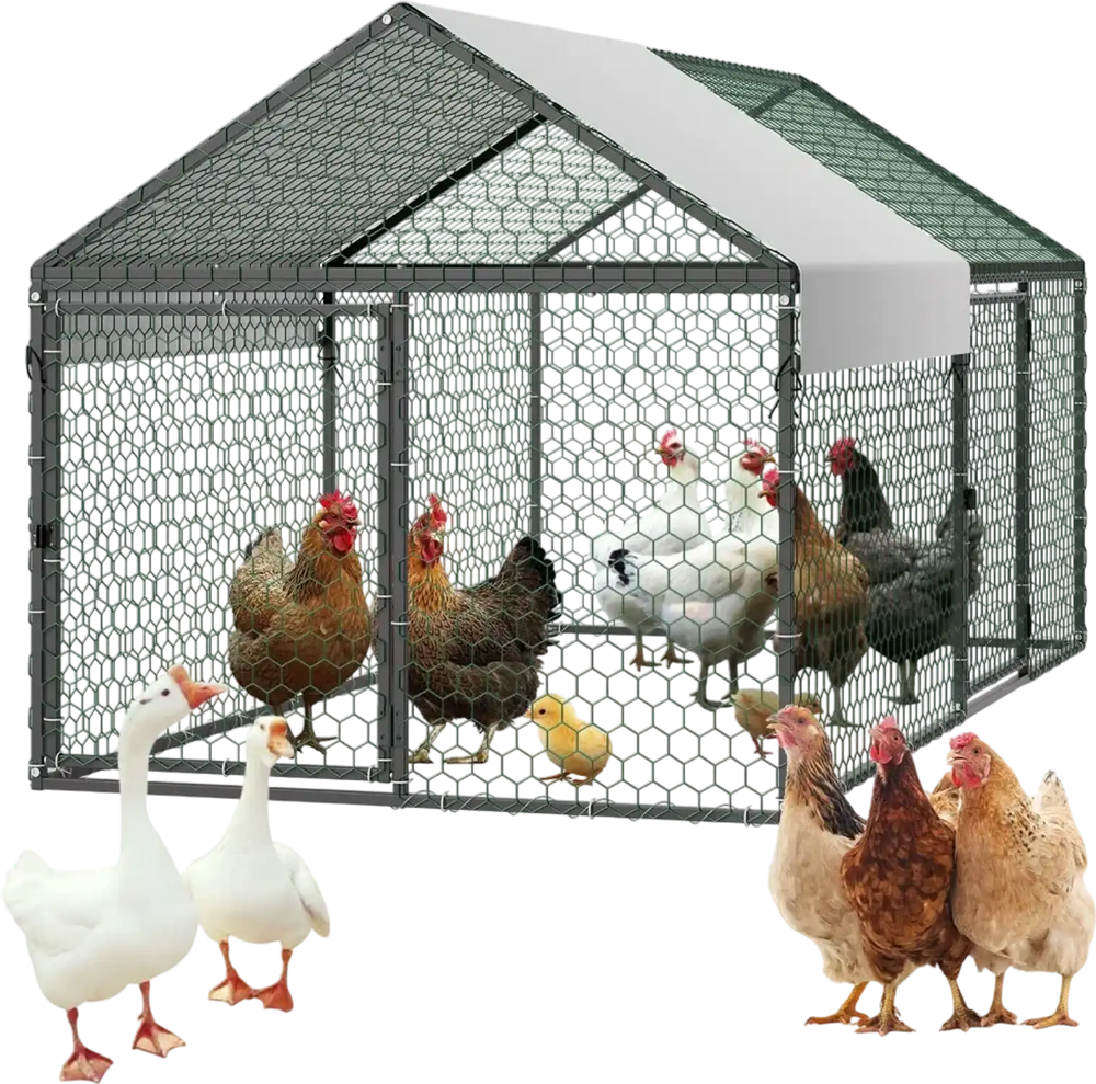 VEVOR Metal Chicken Coop for 4-6 Chickens, 3.3 x 6.6 x 3.3 ft, Small Chicken Cage with Waterproof Cover & Double Doors, Spire Roof Poultry Run Compatible with Wooden Coops, for Rabbit Hen Goose Duck