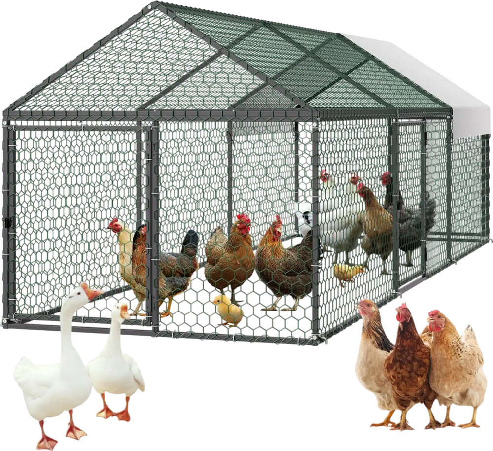 VEVOR Metal Chicken Coop for 6-8 Chickens, 3.3 x 9.8 x 3.3 ft, Small Chicken Cage with Waterproof Cover & 3 Doors, Spire Roof Poultry Run Compatible with Wooden Coops, for Rabbit Hen Goose Duck