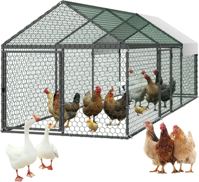VEVOR Metal Chicken Coop for 6-8 Chickens, 3.3 x 9.8 x 3.3 ft, Small Chicken Cage with Waterproof Cover & 3 Doors, Spire Roof Poultry Run Compatible with Wooden Coops, for Rabbit Hen Goose Duck