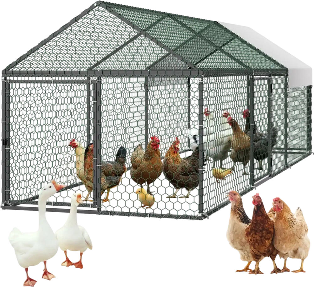 VEVOR Metal Chicken Coop for 6-8 Chickens 3.3x9.8x3.3 ft Small Chicken Cage, Spire Roof Poultry Run with Waterproof Cover & 3 Doors, Compatible with Wooden Coops, for Rabbit Hen Goose Duck, Backyard