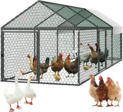 Vevor Chicken Coop Metal Chicken Cage for 6-8 Chickens with Spire Roof 3.3 x 9.8 x 3.3' New