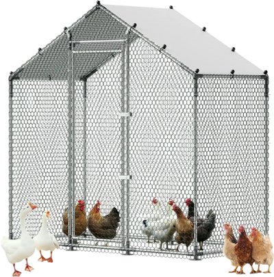 VEVOR Large Metal Chicken Coop,6.6 x 3.3 x 6.6 ft, Walk-in Chicken Run House with Waterproof Cover & Sturdy Frame, Spire Roof Poultry Cage Duck Pen for Rabbit Hen Goose Outdoor Backyard Farm Use