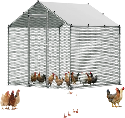 VEVOR Metal Chicken Coop, 6.56x6.56x6.56ft Large Walk-in Chicken Runs with Cover, Spire Roof Hen House Enclosure with Security Lock, Outdoor Duck Rabbit Cage Poultry Pen for Backyard, Farm, Yard