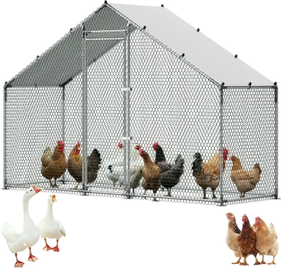 VEVOR Large Metal Chicken Coop,9.8 x 3.3 x 6.6 ft, Walk-in Chicken Run House with Waterproof Cover & Sturdy Frame, Spire Roof Poultry Cage Duck Pen for Rabbit Hen Goose Outdoor Backyard Farm Use