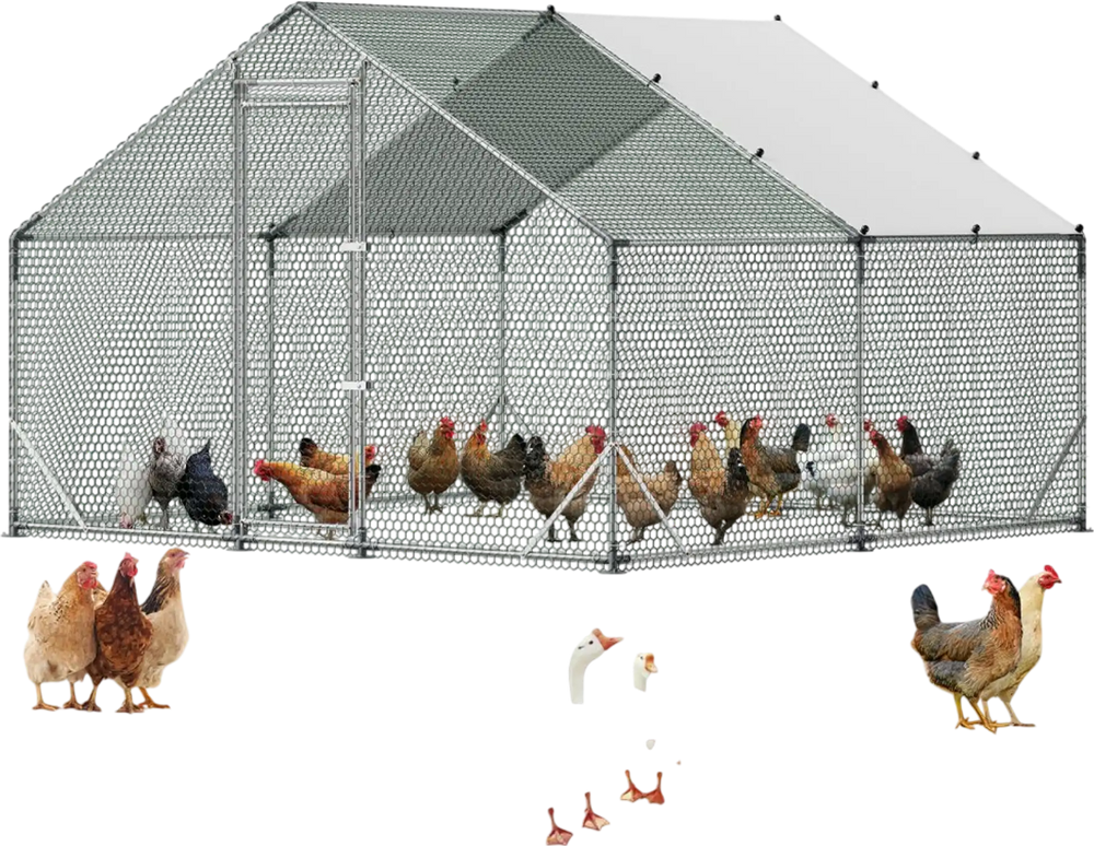 VEVOR Large Metal Chicken Coop, 9.8 x 9.8 x 6.6 ft, Walk-in Chicken Run House with Waterproof Cover & Sturdy Frame, Spire Roof Poultry Cage Duck Pen for Rabbit Hen Goose Outdoor Backyard Farm Use
