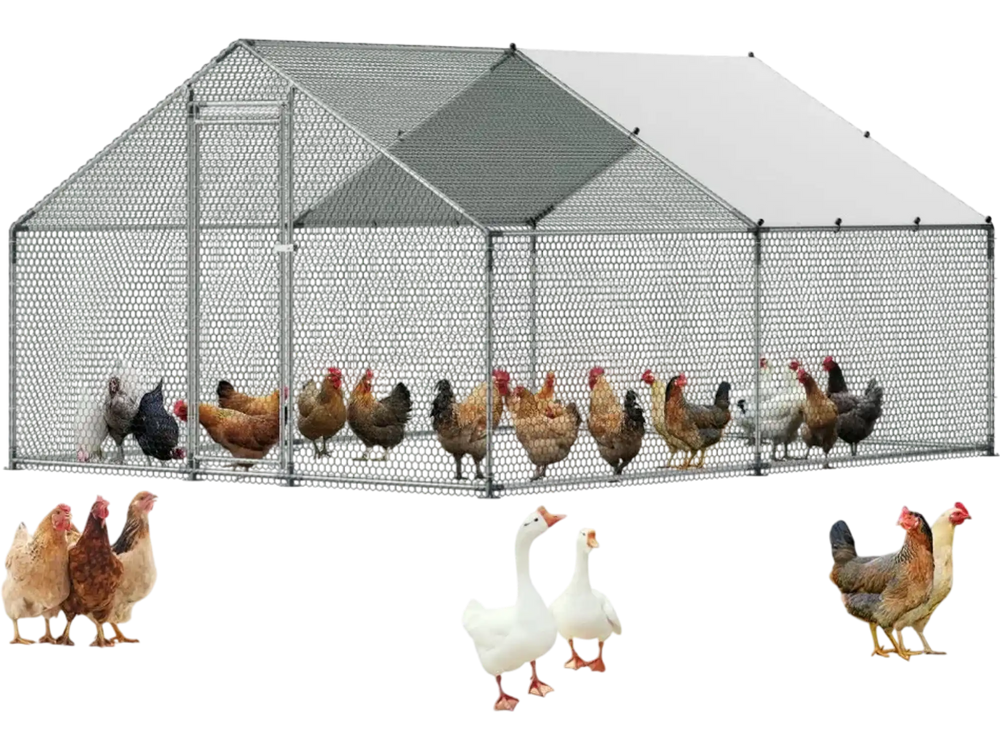 VEVOR Large Metal Chicken Coop, 9.8 x 13.1 x 6.6 ft, Walk-in Chicken Runs with Waterproof Cover, Spire Roof Hen House Enclosure with Lock, Outdoor Duck Rabbit Cage Poultry Pen for Backyard, Farm, Yard